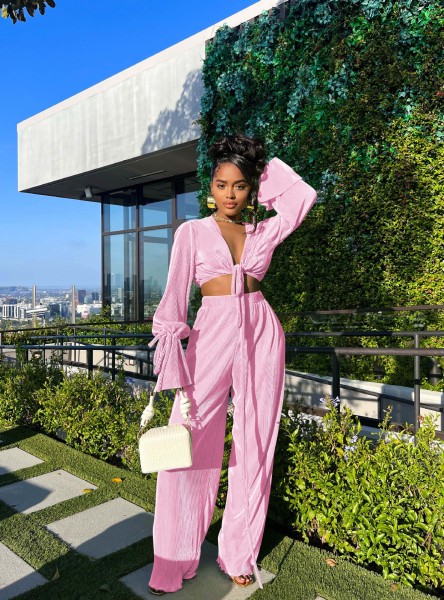 Women's pleated and banded wide leg pants set