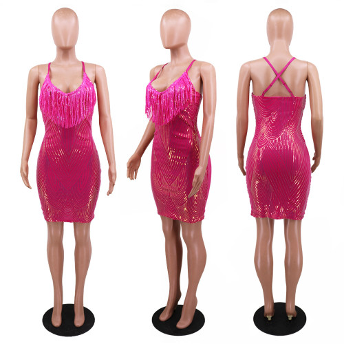 Sexy Strap Beaded Tassel Dress