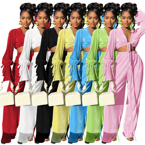 Women's pleated and banded wide leg pants set