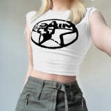 Star print contrasting color basic slim fitting camisole with exposed navel short T-shirt top