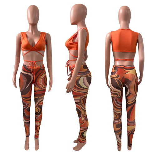 Women's Fashion Mesh Pants Printed Strap Set