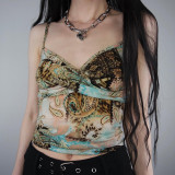 Abstract printed pleated sexy V-neck backless thin outerwear strap vest