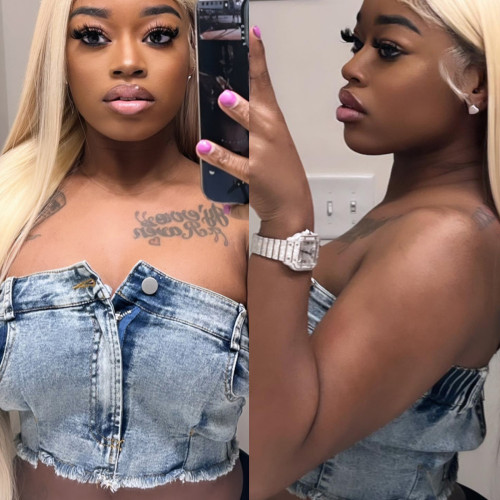 Fashion women's super elastic denim imitation pants with exposed navel hot and spicy bra top