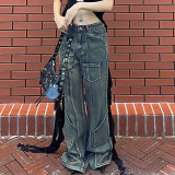 Street Style Design Asymmetric Pocket Panel Pants Retro Retro Retro Fashion Low Waist Loose Fit Jeans