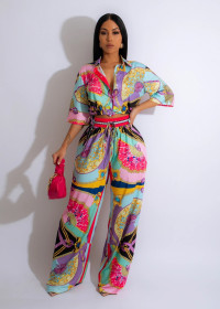Lapel Fan Pattern Printed Short Sleeve Two Piece Set