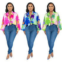 Bat sleeve top with lapel print shirt Bat sleeve top with lapel print shirt
