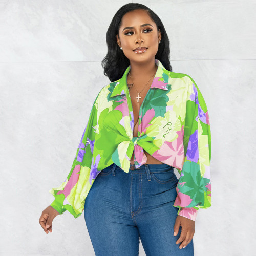 Bat sleeve top with lapel print shirt
