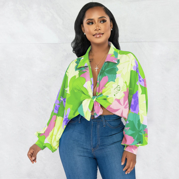 Bat sleeve top with lapel print shirt