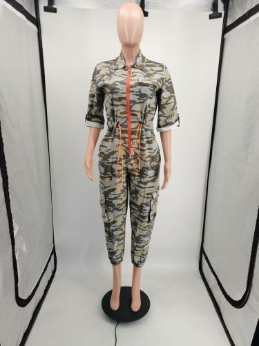 Fashionable cardigan waistband woven jumpsuit