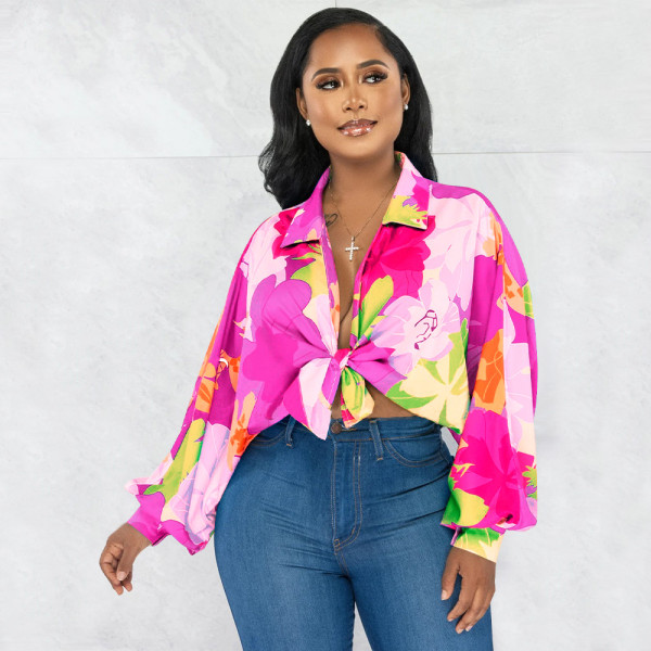 Bat sleeve top with lapel print shirt