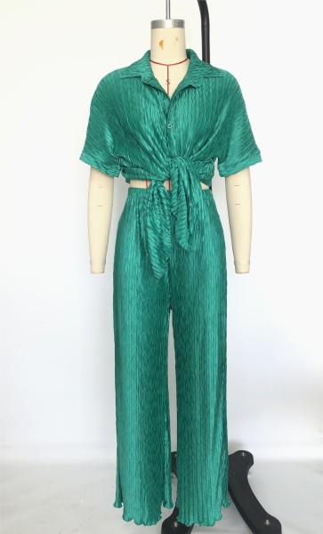 Tree pattern pleated fabric short sleeved shirt casual wide leg pants set