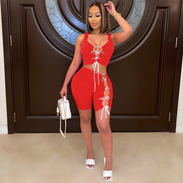 Strap Solid Sleeveless Shorts Set