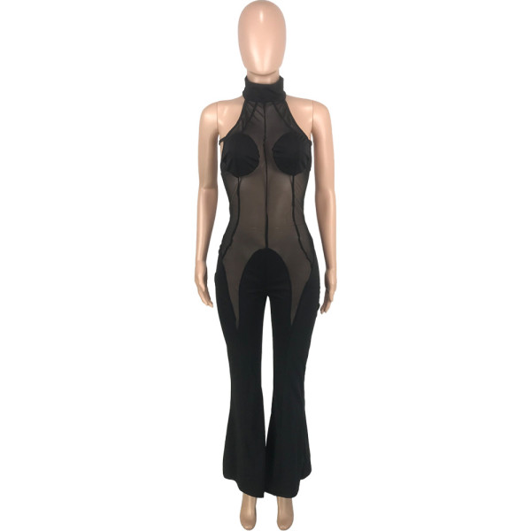 Women's Fashion Solid Color Mesh Splice Hanging Neck Open Back Strap Flare Hem Sexy Jumpsuit