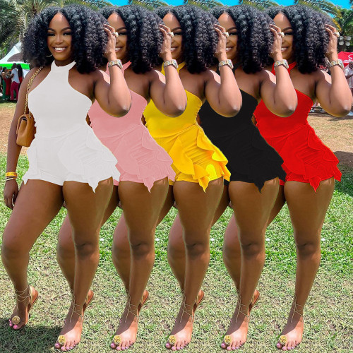 Women's Fashion Solid Color Ruffle Edge Hanging Neck Button Open Back Sexy Sleeveless jumpsuit