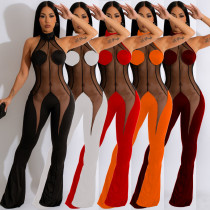 Women's Fashion Solid Color Mesh Splice Hanging Neck Open Back Strap Flare Hem Sexy Jumpsuit Women's Fashion Solid Color Mesh Splice Hanging Neck Open Back Strap Flare Hem Sexy Jumpsuit
