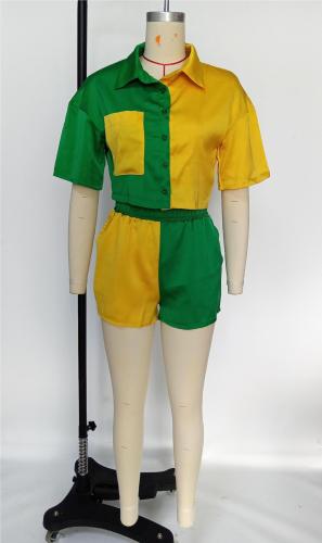 Short sleeved pocket top, shirt, shorts, pocket set, two piece set