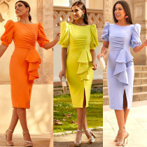 Women's Fashion Solid Color Pleated Split Casual Backless Sexy Bubble Sleeve Wrap Arm Dress