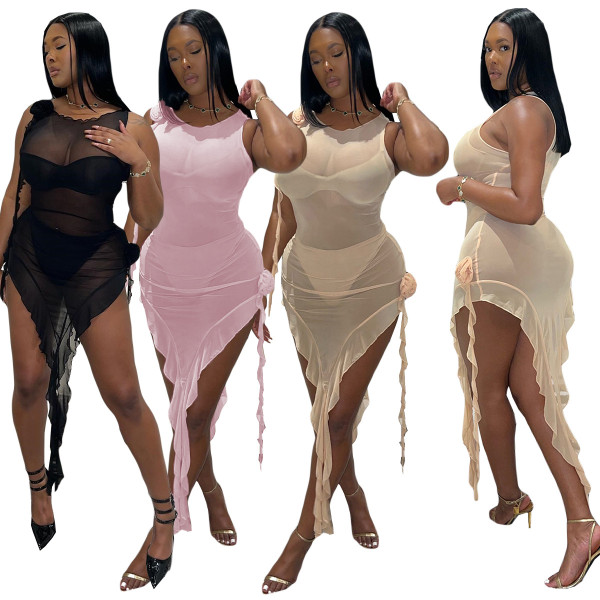 Perspective Nightclub Dress Sexy Tank Top Short Three Piece Flower Accessories