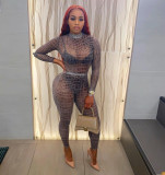 Fashion Snake Printed Round Neck Long Sleeves Perspective Jumpsuit FF1071