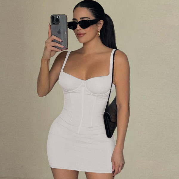 Fashionable and Sexy Backless Slim Fit Solid Color Strap Dress