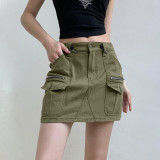 Basic solid color pocket stitching low waisted drawstring work dress, cool and straight casual denim short skirt