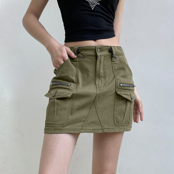 Basic solid color pocket stitching low waisted drawstring work dress, cool and straight casual denim short skirt