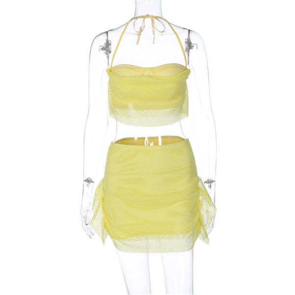 Mesh patchwork chest wrap skirt two-piece fashion casual set
