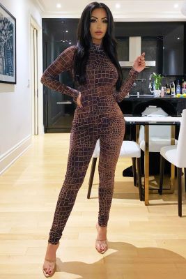 Fashion Snake Printed Round Neck Long Sleeves Perspective Jumpsuit FF1071