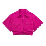 Multi color solid color versatile knot embellishments double pocket short sleeved short shirt