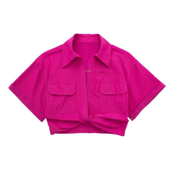 Multi color solid color versatile knot embellishments double pocket short sleeved short shirt