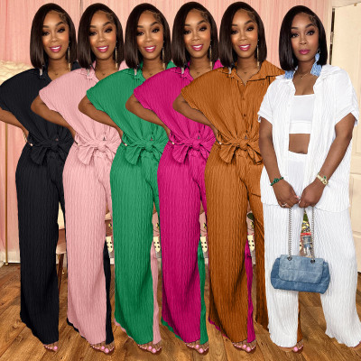 Tree pattern pleated fabric short sleeved shirt casual wide leg pants set