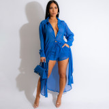 Women's Fashion Button Split Casual Sexy Perspective Sunscreen Coat Shorts Two Piece Set