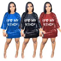 Fashionable round neck half sleeve loose beaded printed dress for women's party sequin style nightclub style
