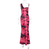 Fashionable printed sexy backless slim fitting suspender dress