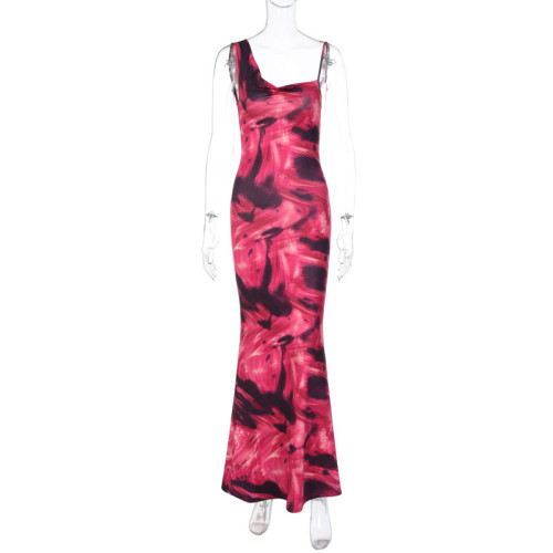 Fashionable printed sexy backless slim fitting suspender dress