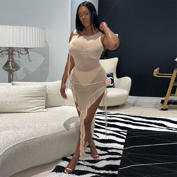 Perspective Nightclub Dress Sexy Tank Top Short Three Piece Flower Accessories