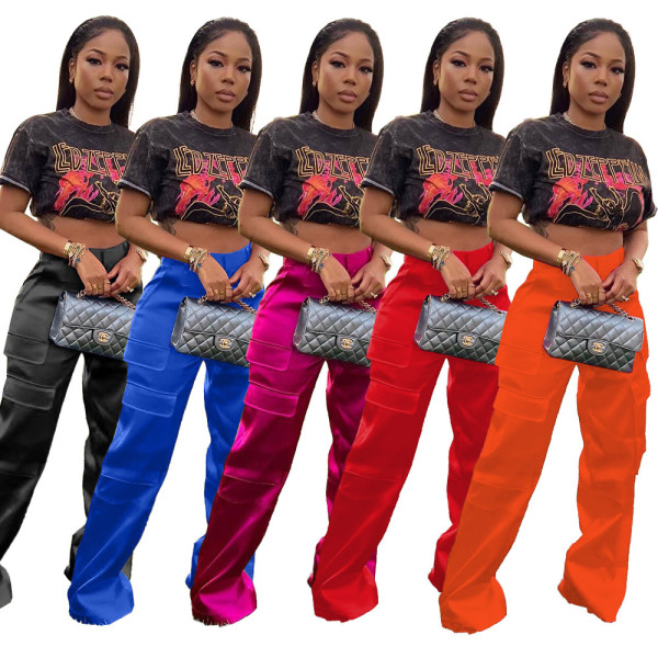 Fashion casual zipper solid color multi pocket zipper loose pants