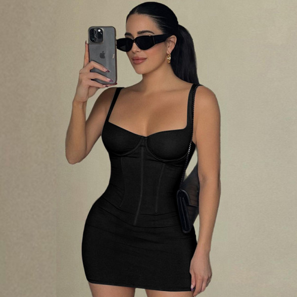 Fashionable and Sexy Backless Slim Fit Solid Color Strap Dress