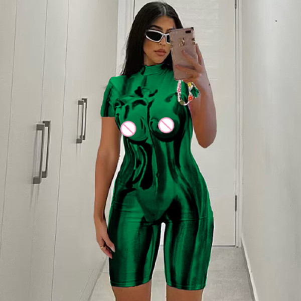 Fashion printed slim fitting round neck zippered short sleeved jumpsuit