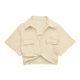 Multi color solid color versatile knot embellishments double pocket short sleeved short shirt