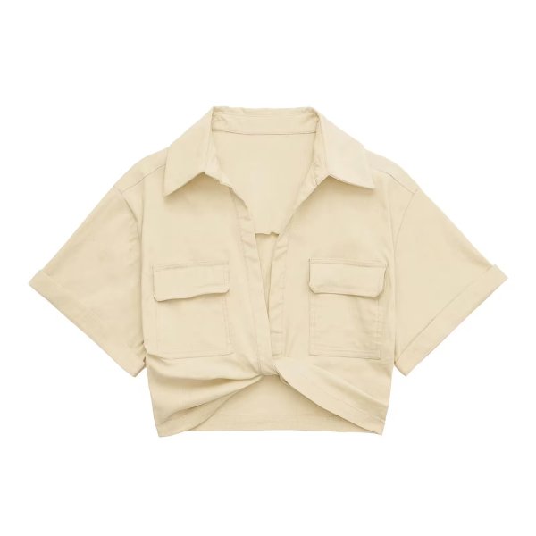 Multi color solid color versatile knot embellishments double pocket short sleeved short shirt