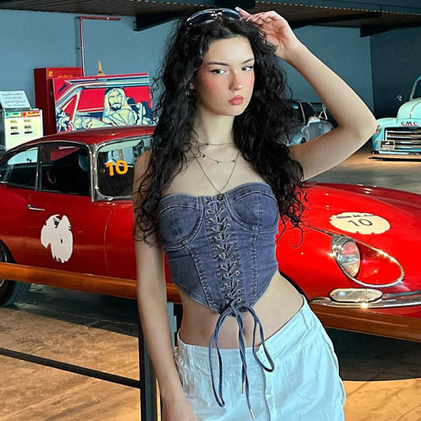 Women's Washed Chicken Eyes Lace up Tight Sexy Bra Denim Bra