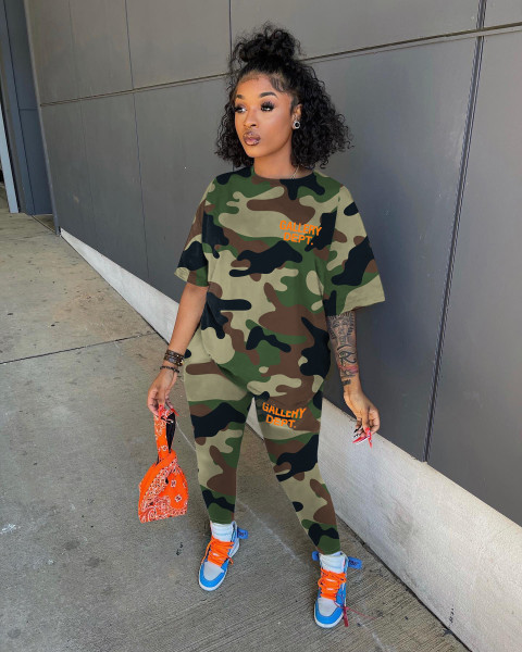Fashion and popular letter camouflage printing two-piece set