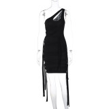Personalized Slim Fit Lace Up One Shoulder Solid Color Dress