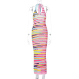 Printed V-neck open back lace up woolen knit dress