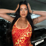 Sexy Lace Up Neck Fashion Print Hip Wrap Dress