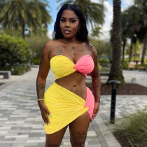 Contrast color patchwork two-piece fashion casual short skirt set