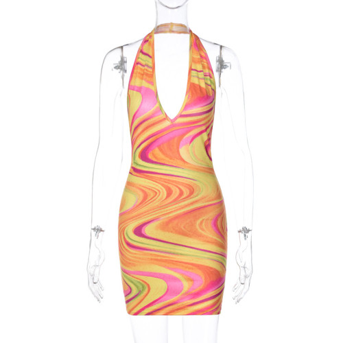 Printed Sexy Off Back Wall Slim Fit Wrap Hip Dress