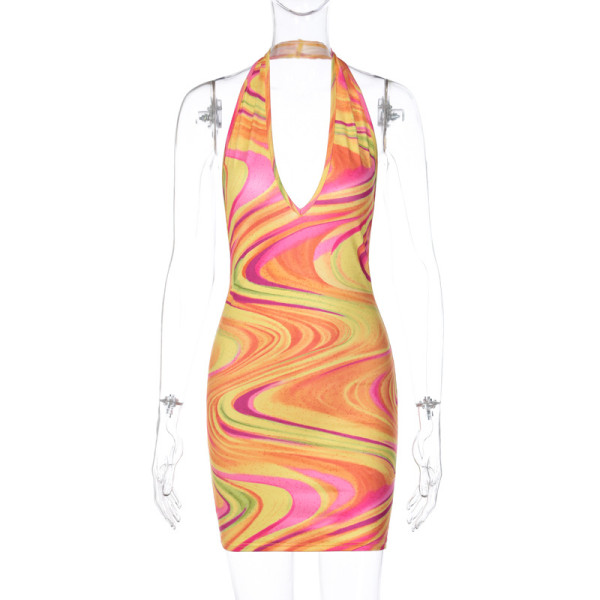 Printed Sexy Off Back Wall Slim Fit Wrap Hip Dress