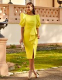 Women's Fashion Solid Color Pleated Split Casual Backless Sexy Bubble Sleeve Wrap Arm Dress